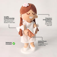 BibleGirl is the adorable plush girl doll that speaks 36 Bible verses. Holds her Bible with magnets in her hands and in the Bible. Wholesome dress. Beautiful braids with bows and a flower in her hair. Perfect Easter gift idea for Christian girls. From Jesusdoll.com.