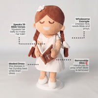 BibleGirl is the adorable plush girl doll that speaks 36 Bible verses.  Holds her Bible with magnets in her hands and in the Bible.  Wholesome dress.  Beautiful braids with bows and a flower in her hair.  Perfect baptism gift idea for Christian girls.  From Jesusdoll.com.